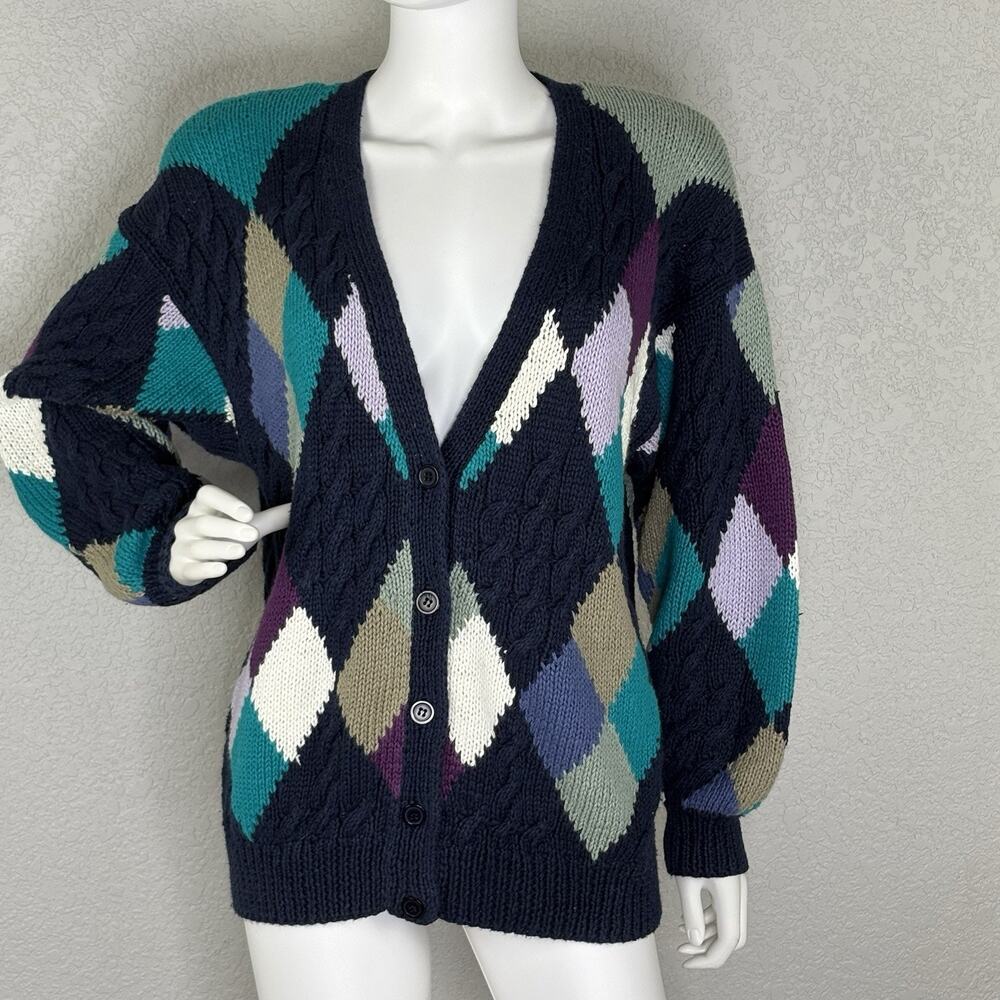 Vintage 90s Westbound Cardigan Argyle Chunky Hand Knit Sweater Cable Knit Sz L